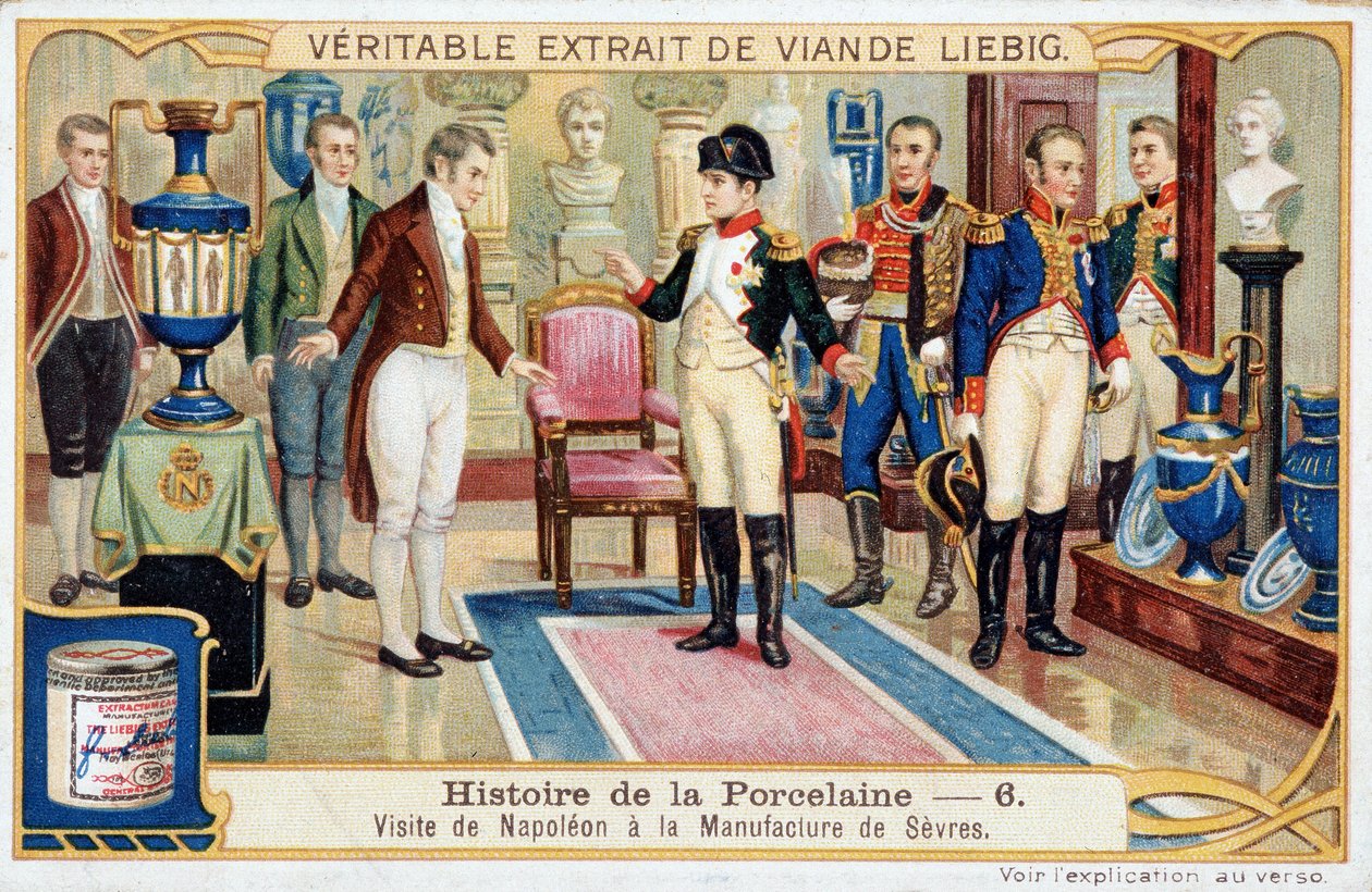 Porselens historie: Besøk av Napoleon Bonaparte (1769-1821) til produksjonen av Sevres - Liebig-kromolitografi av Unknown artist