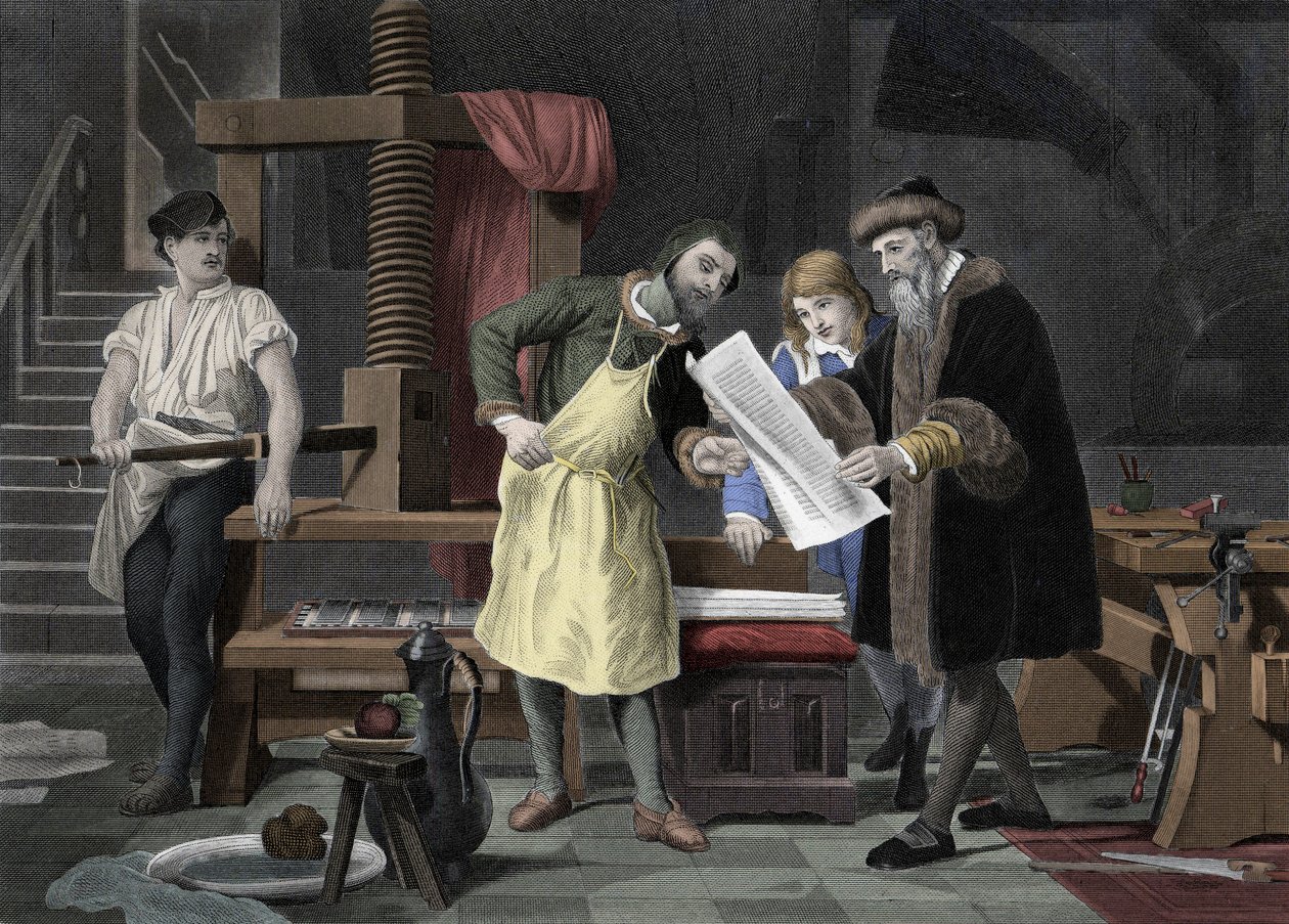Boktrykkhistorie: første test av Bibelen trykt av pressen til Johannes Gensfleisch Gutenberg (1400-1468) representert med Johann Fust (1400-1466) - 1453 Det første korrekturarket fra Gutenbergs presse av Unknown artist