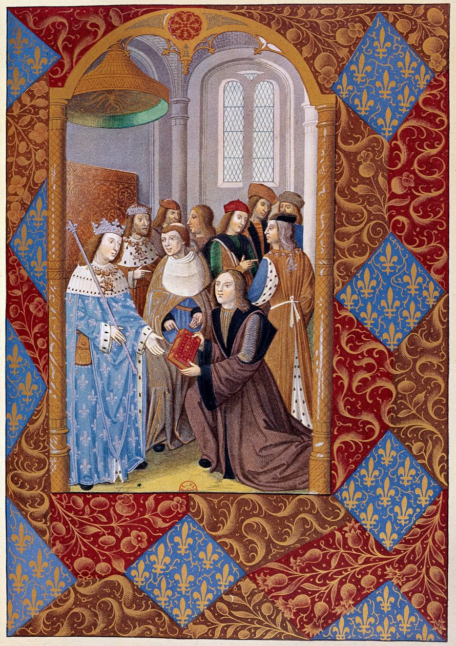 Trykkhistorie: forlegger Antoine Verard (? -1513) presenterer sin bok til kong Charles VIII. Fra et manuskript fra 1494 av Unknown artist
