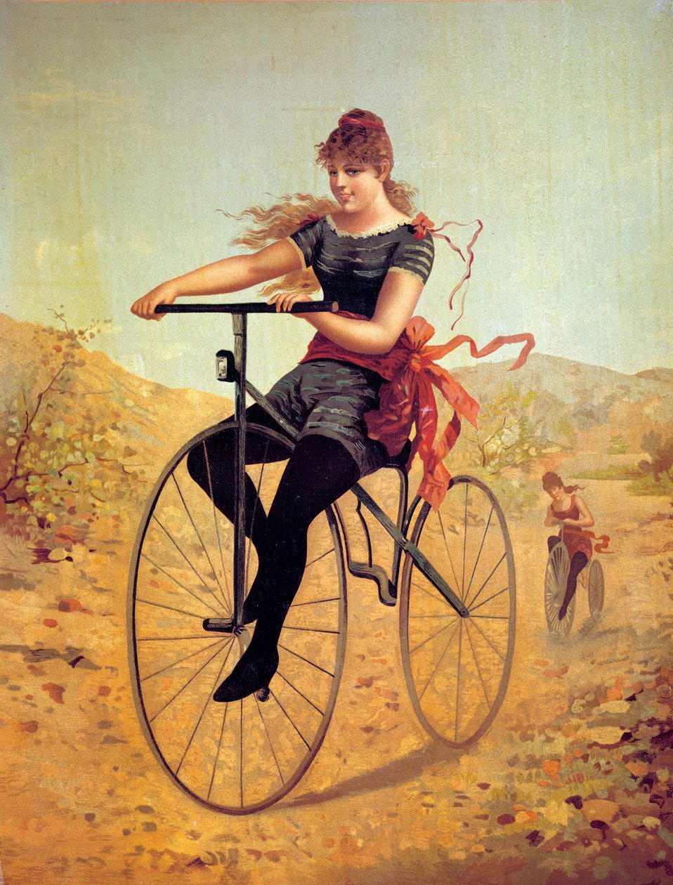 Sykkelens historie: velocipedist eller en kvinnepedal på en sykkel. Trykk fra 1800-tallet av Unknown artist