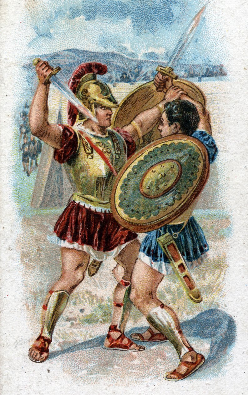 Historien om livet til Achilles, legendariske helter fra den trojanske krigen: Achilles kjemper mot Hector for å hevne Patrocles død. Kromolitografi fra 1890. av Unknown artist