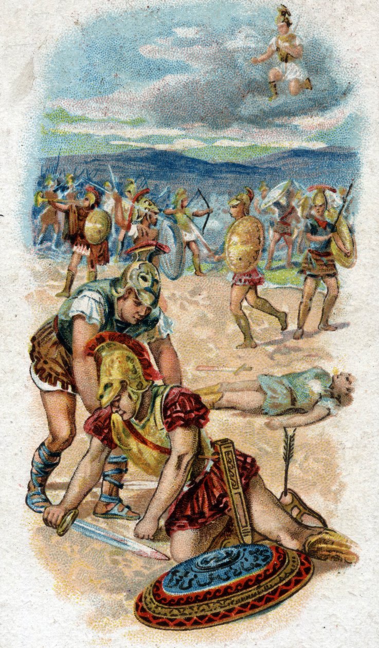 History of the life of Achilles, legendary heros of the Trojan War: death of Achilles, at the foot of the walls of Troy, the heel, his weak point, pierces an arrow pulled by Paris. Chromolithography of 1890. av Unknown artist