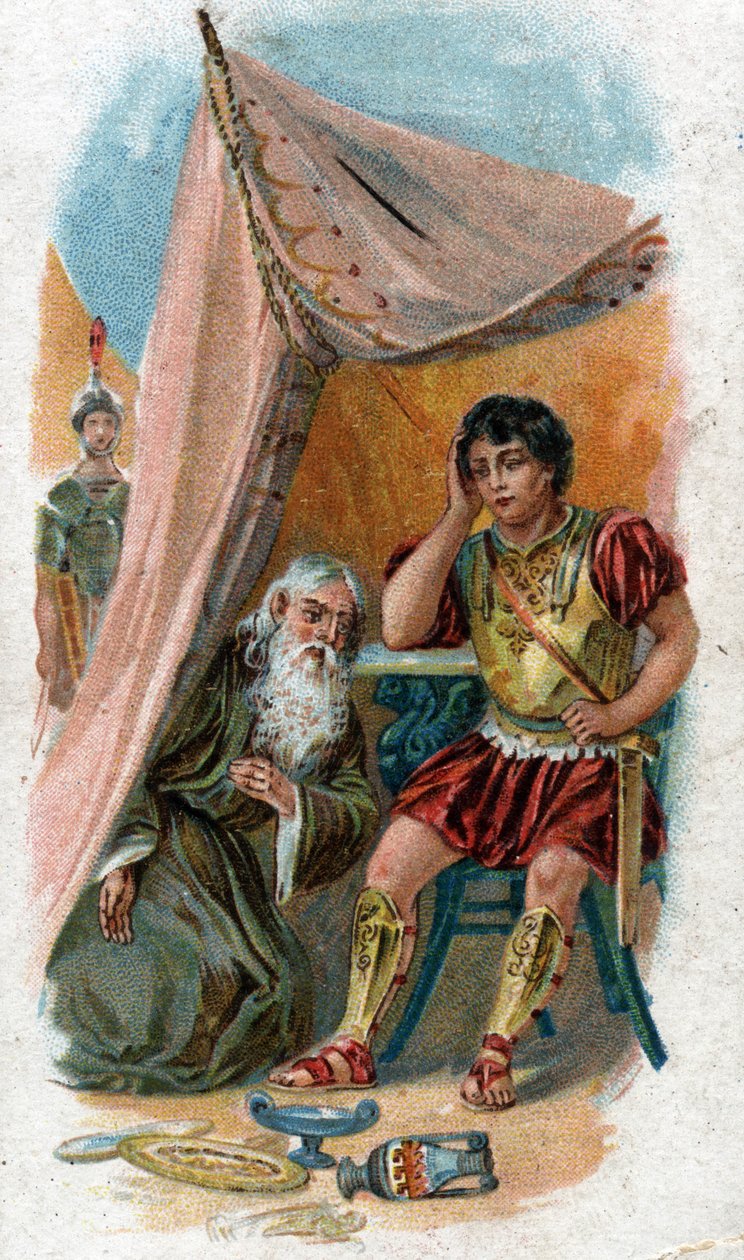 History of the life of Achilles, legendary heros of the Trojan War: the old wise man Nestor convinces Patrocles, Achilles