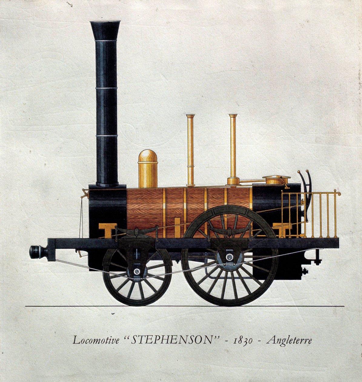 Transporthistorie: tavle som representerer et lokomotiv "" Stephenson"" laget i England av Unknown artist