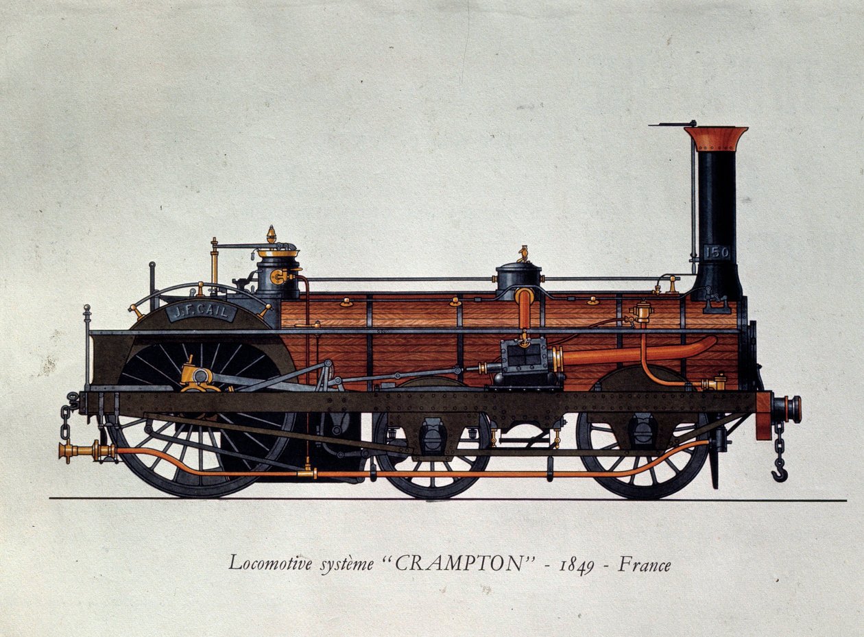 Transporthistorie: lokomotivmodell, Crampton-system oppkalt etter Thomas Russell Crampton (1816-1888), britisk ingeniør: han skapte et høyhastighetslokomotiv. Gravering fra 1849 Paris, Dekorativ kunst av Unknown artist