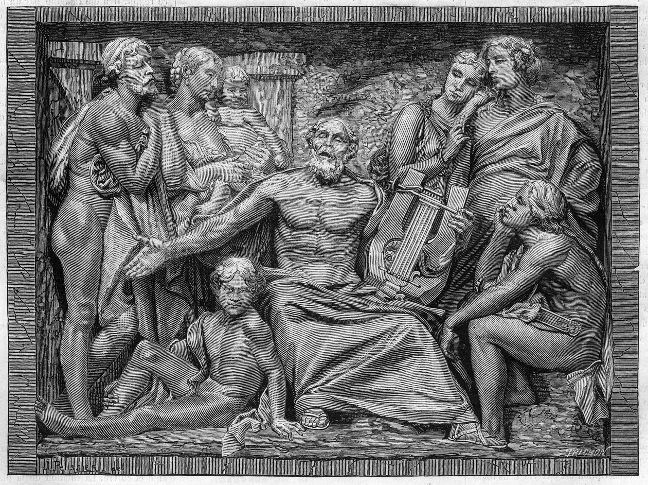 Homere synger med lyren sin i en by i Ionia. Gravering etter lavrelieffet til Mr. Hugues, den store skulpturprisen i skolekonkurransen i 1875. av Unknown artist