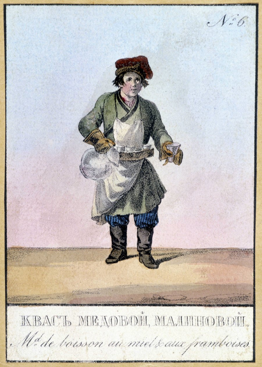 Drikkehandler med honning og bringebær i Russland på 1800-tallet. Illustrasjon av 1800-tallet. av Unknown artist