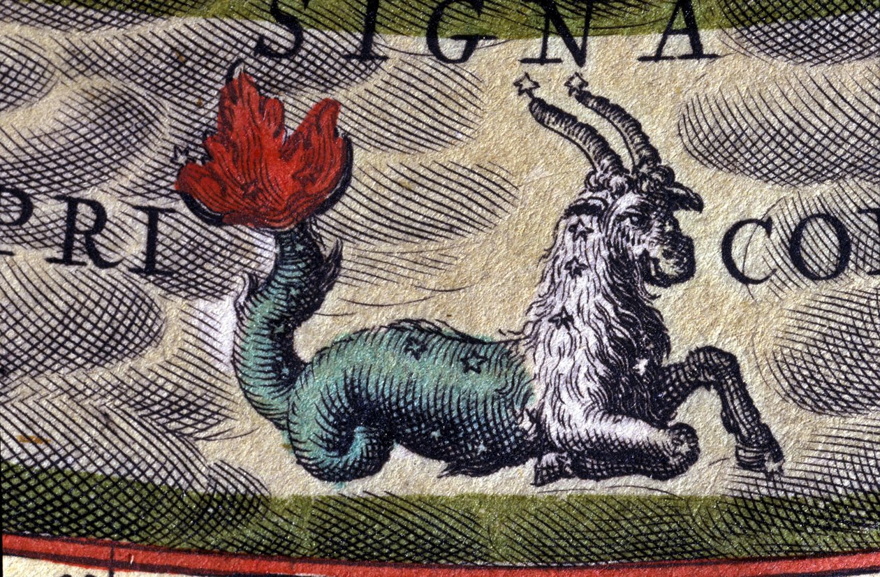 Horoskop: dyrekretsens tegn, Steinbukken. 1500-talls gravering. av Unknown artist