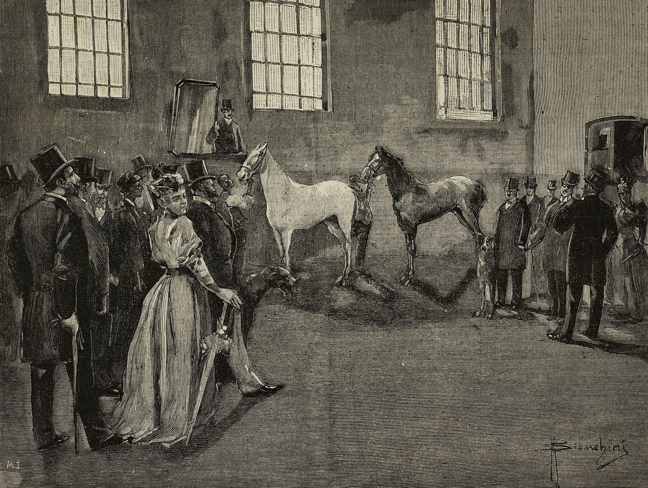 Hesteauksjon i Tattersall, Storbritannia, gravering fra L#39;Illustrazione Italiana, år XXI, nr. 21, 27. mai av Unknown Artist