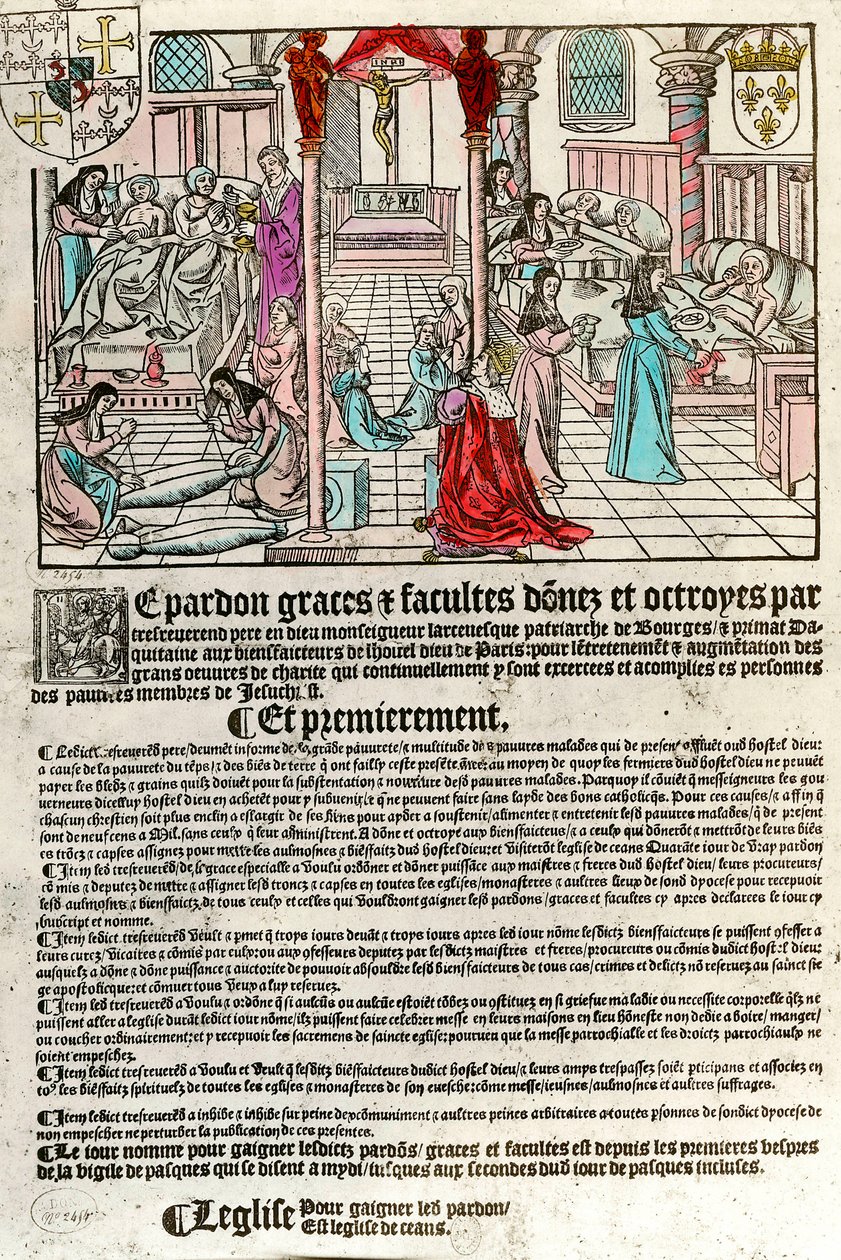 Sykehus på 1500-tallet: Avlatsbrev (Til høyre: en sykehusscene. Agauche: døende og død). Gravering fra 1500-tallet. Privat samling. av Unknown artist