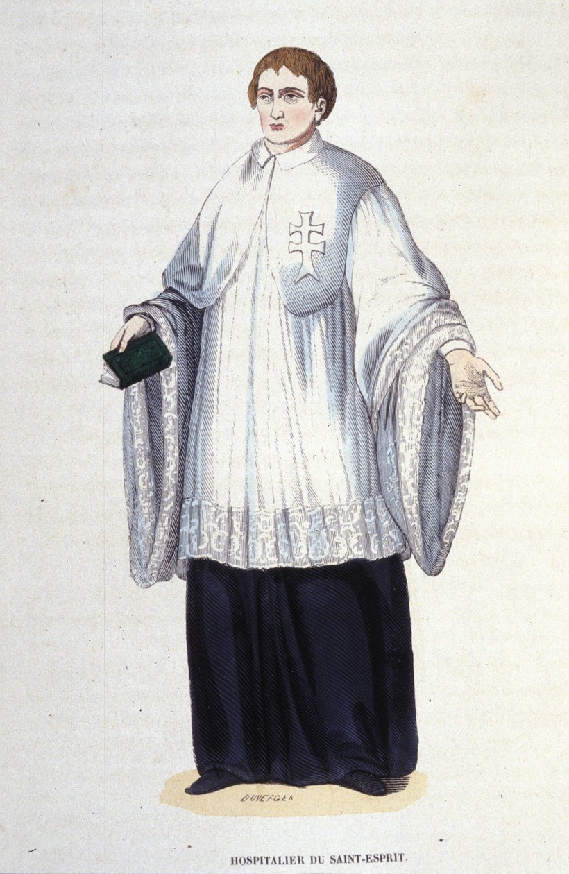 Hospitaller av den militære og religiøse orden av Den Hellige Ånd (Orden of the Holy Spirit) grunnlagt av Henry III i 1578. Gravering av det 19. århundre. Private Coll., Milano. av Unknown artist