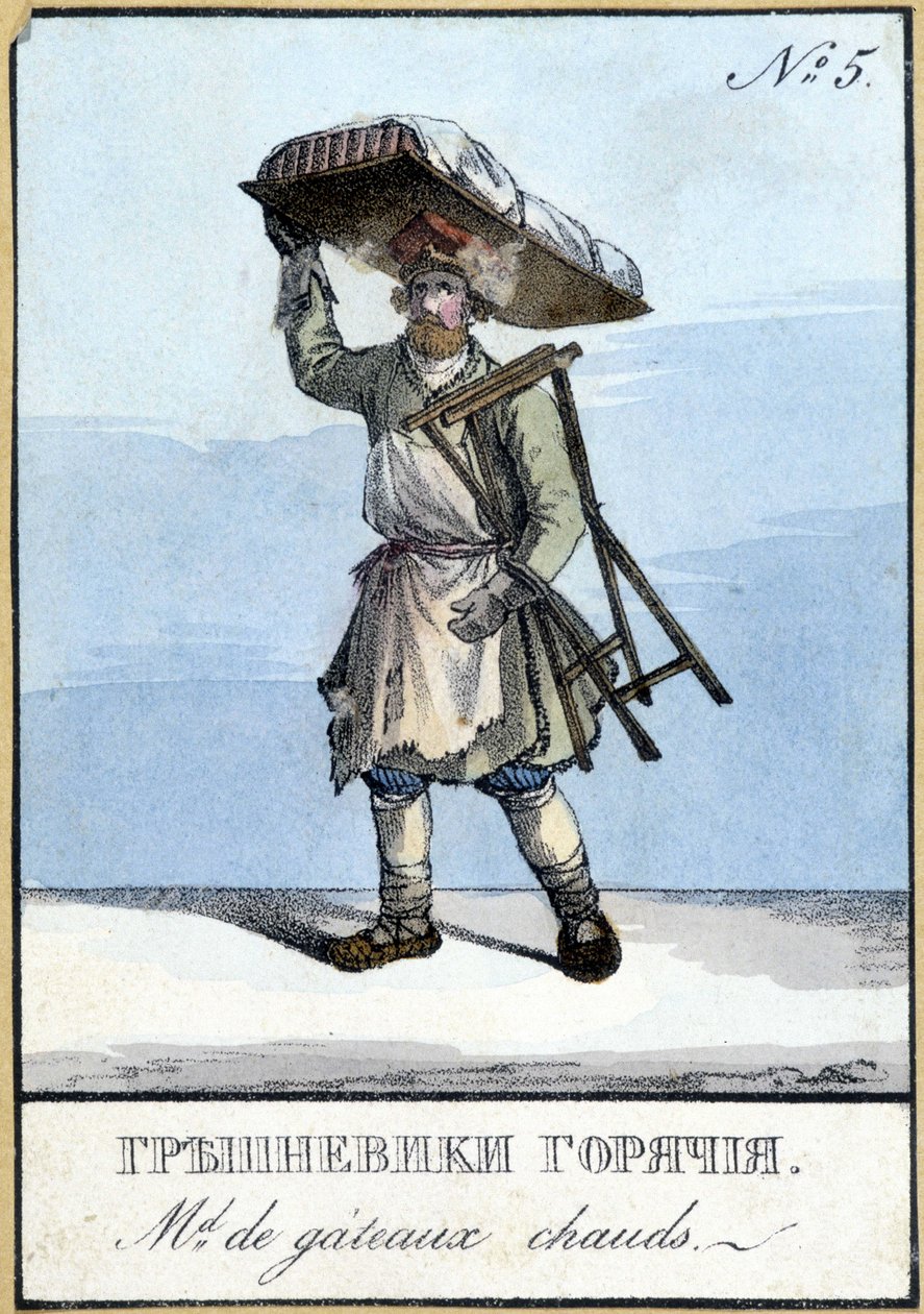 Varmkakehandler i Russland på 1800-tallet. 1800-tallsillustrasjon. av Unknown artist