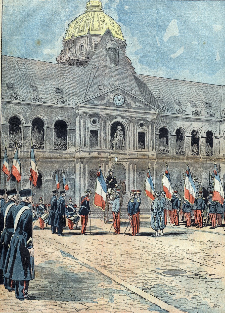 Hotel des Invalides - Paris - 26. juni 1898: en delegasjon overlevert til general Arnoux, guvernør for Invalides, flagget til Regiment of Algerie Aui fløt 30. september 1895 på palasset til dronningen av Tananarive. Illustrasjon i "" Le Pelerin" av Unknown artist