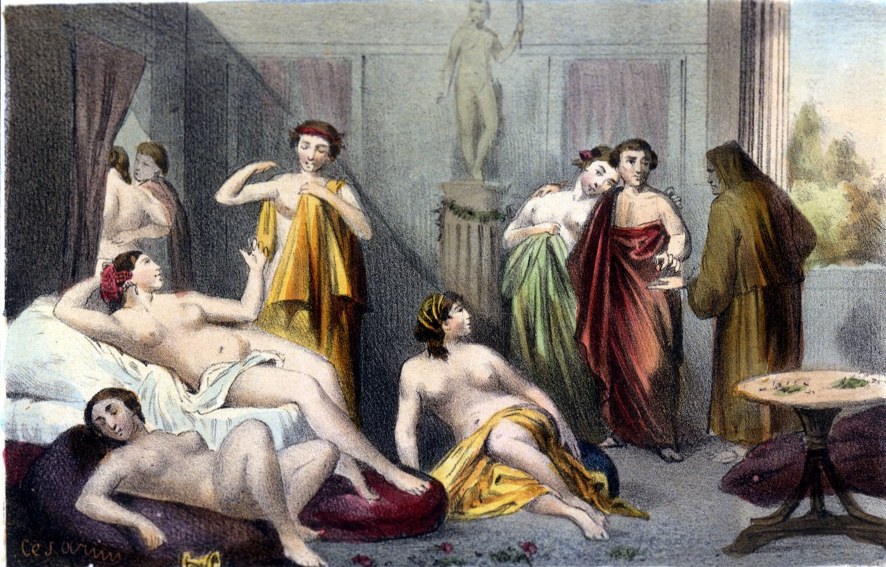 Hus i antikkens Hellas. 1800-talls sd-gravering. av Unknown artist