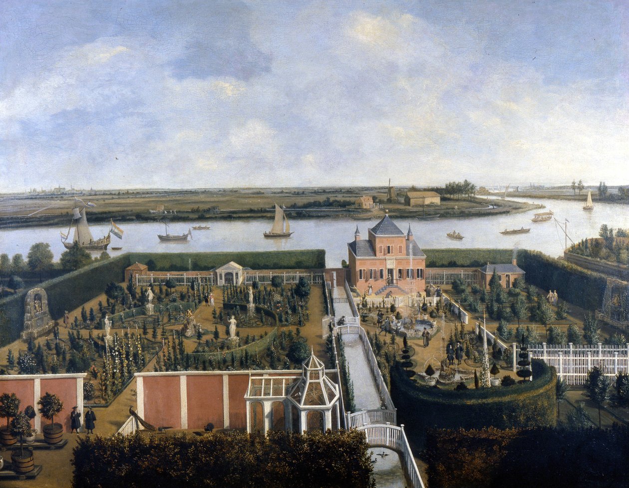 Hus ved bredden av en elv. 1600-tallsillustrasjon. Historisk museum i Amsterdam av Unknown artist