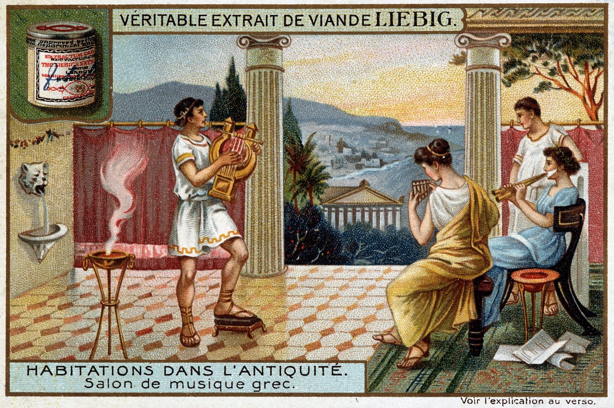 Houses in the Antiquite: Gresk Music Room - Liebig Chromolithography av Unknown artist