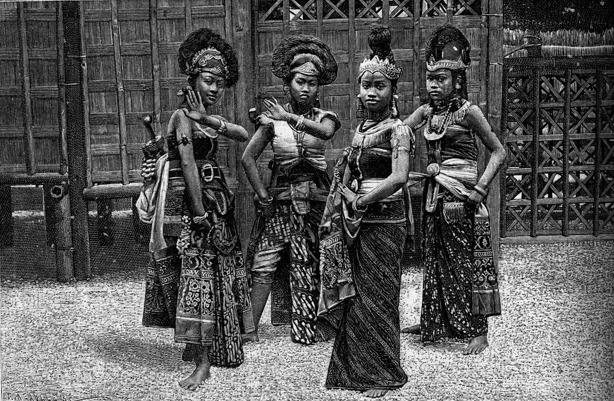 Human Zoo: Javanesiske dansere i kampong, på verdensutstillingen i 1889. (Fra et fotografi av Mr. Levy). Gravering i "" Le Journal de la jeunesse"" av Unknown artist