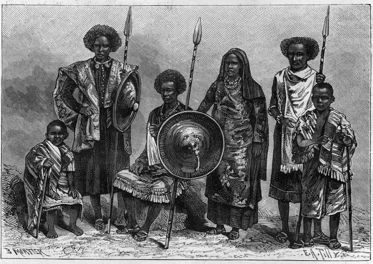 Human Zoo: gruppe av Assabais, en stamme fra Etiopia, den gang italiensk koloni. Utstilt i Torino som en del av nasjonalutstillingen fra 1884. Gravering i "" Natur. Gjennomgang av vitenskap og dens anvendelser på kunst og industri. 1884 av Unknown artist