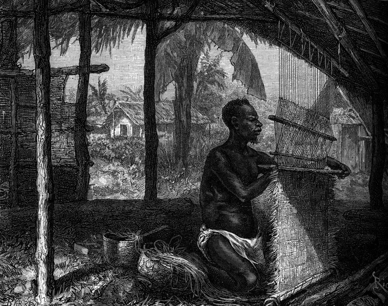Human Zoo: vever myknet Gabon på verdensutstillingen i 1889. Gravering i "" Le Journal de la jeunesse"" av Unknown artist