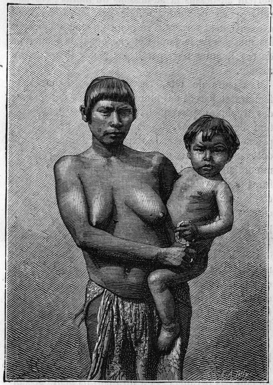 Human Zoo: ung Galibi-kvinne (indianere) og hennes barn på Jardin d