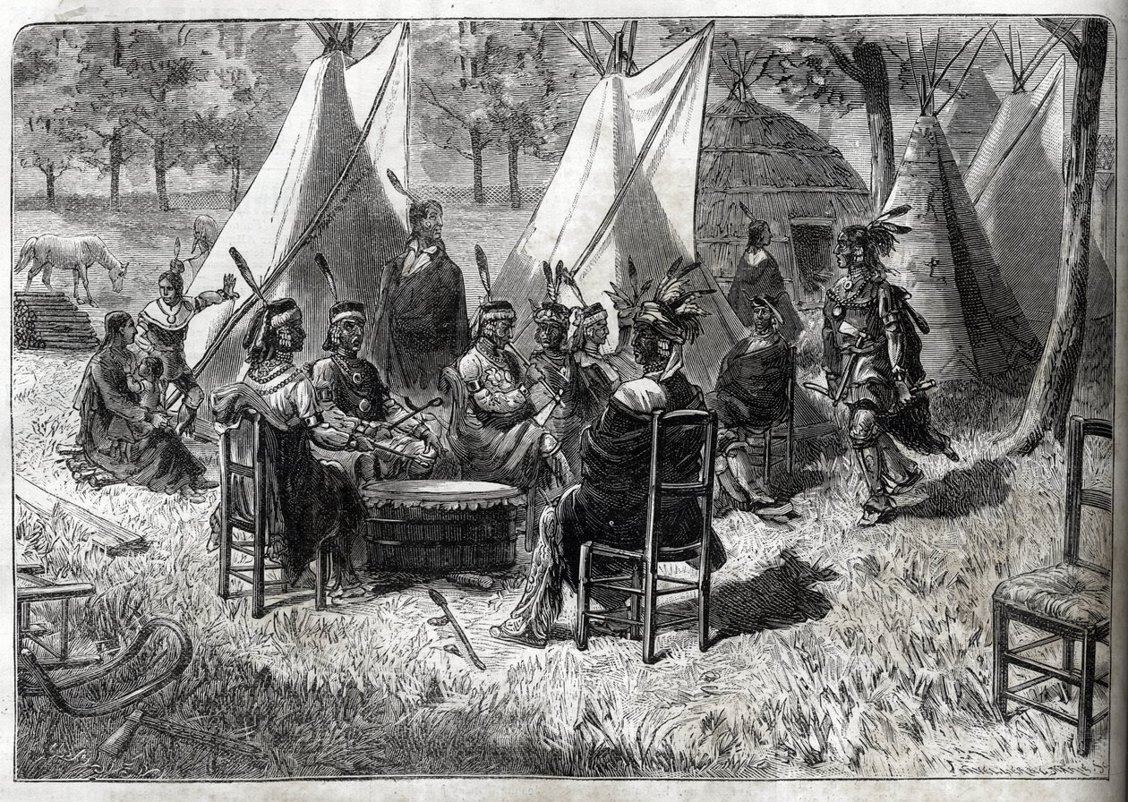 Human Zoos - Human Zoo - Etnologiske utstillinger - Mohas-indianere ved akklimatasjonshagen (The Illustrious Diary of 1883) - Femten Nebraska-indianere av Unknown artist