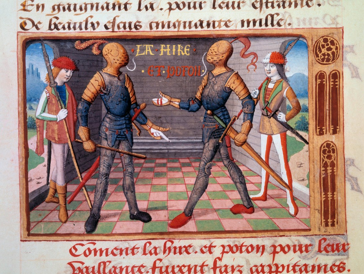 Hundreårskrig: «Etienne de Vignoles eller Vignolles dit La Hire (Lahire) (1390-1443) og Jean Poton, herre av Xaintrailles (eller Saintrailles) (v. 1400 til 1461), følgesvenner av Jeanne d'Arc, blir gjort til kapteiner ”” Belyst miniatyr fra manuskripte av Unknown artist