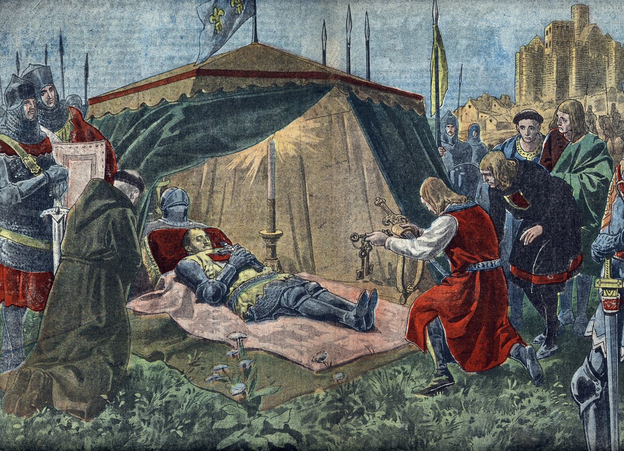 Hundreårskrigen: «Bernard du Guesclins død (1320–1380) foran Châteauneuf-de-Randon den 13.07.1380» - Duguesclins død (under beleiringen av Châteauneuf-de-Randon den 13. juli 1380) - Illustrasjon fra «Le pelerin» 7. august 1921 Menig av Unknown Artist