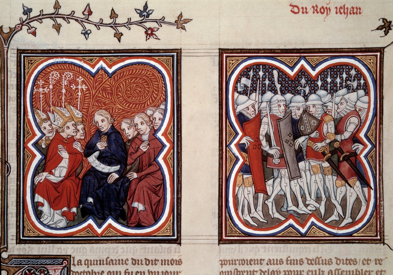 Hundreårskrigen: "Til venstre beordret den fremtidige delfinen Charles V den vise (1338-1380) (regent på denne tiden) og rådmennene i generalstatene frigjøringen av hans far John II etter slaget ved Poitiers i 1356, han var omringet av Etien av Unknown artist