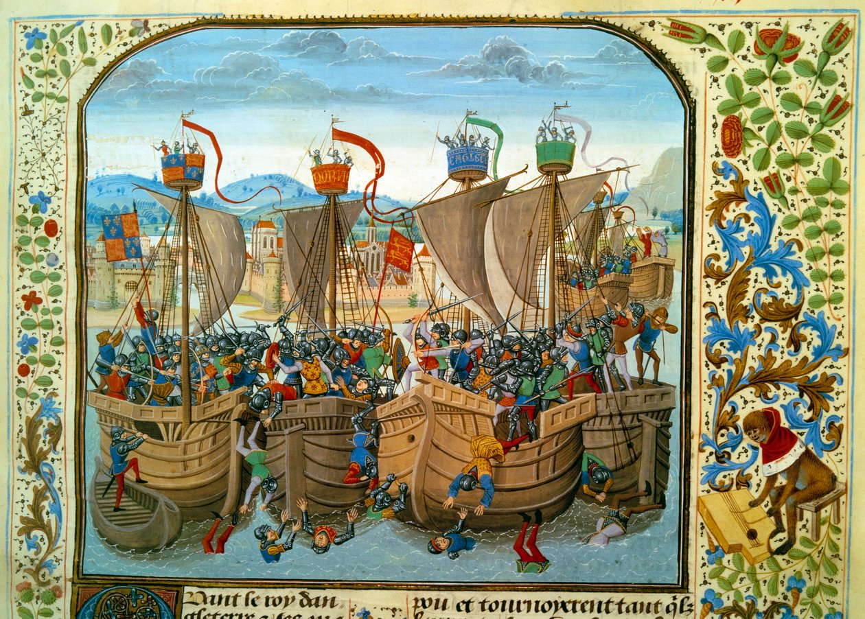 Hundreårskrig: "" Sjøslaget ved Ecluse, Sluis (Nederland) 20.06.1340 som motarbeidet franskmannen Philippe VI av Valois mot engelskmennene til Edward III"" Miniatyr hentet fra "Chronicles"" av Jean Froissart (1337-1400) 1400-tallet. Paris. B.N av Unknown artist