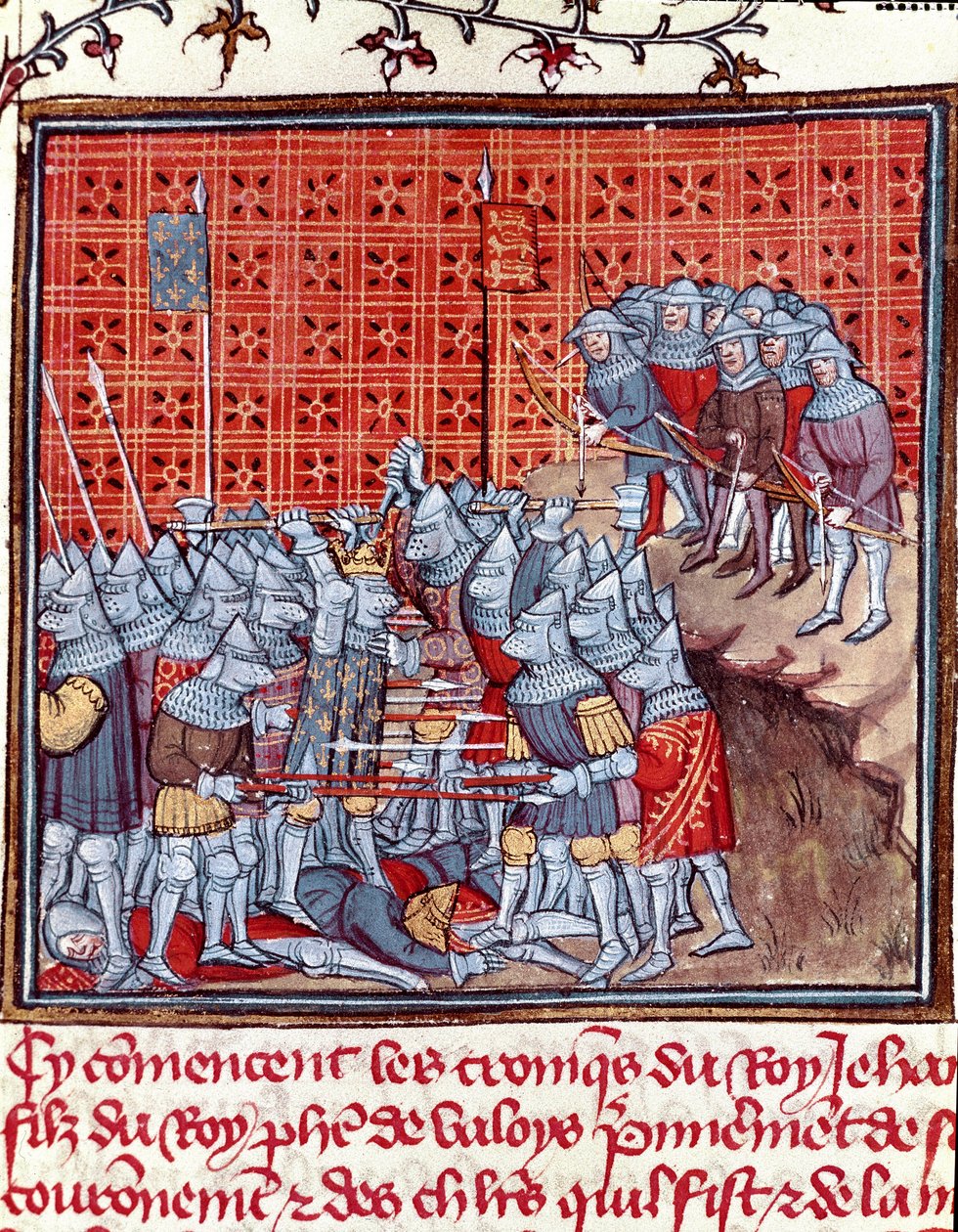 Hundreårskrig: "" Kongen av Frankrike Johannes II den gode (1319-1364) under et slag""" Miniatyr hentet fra "" Les grandes Chronicles de France""" av Jean Froissart (1337-1400) Chantilly fra 1300-tallet , Musee Conde av Unknown artist