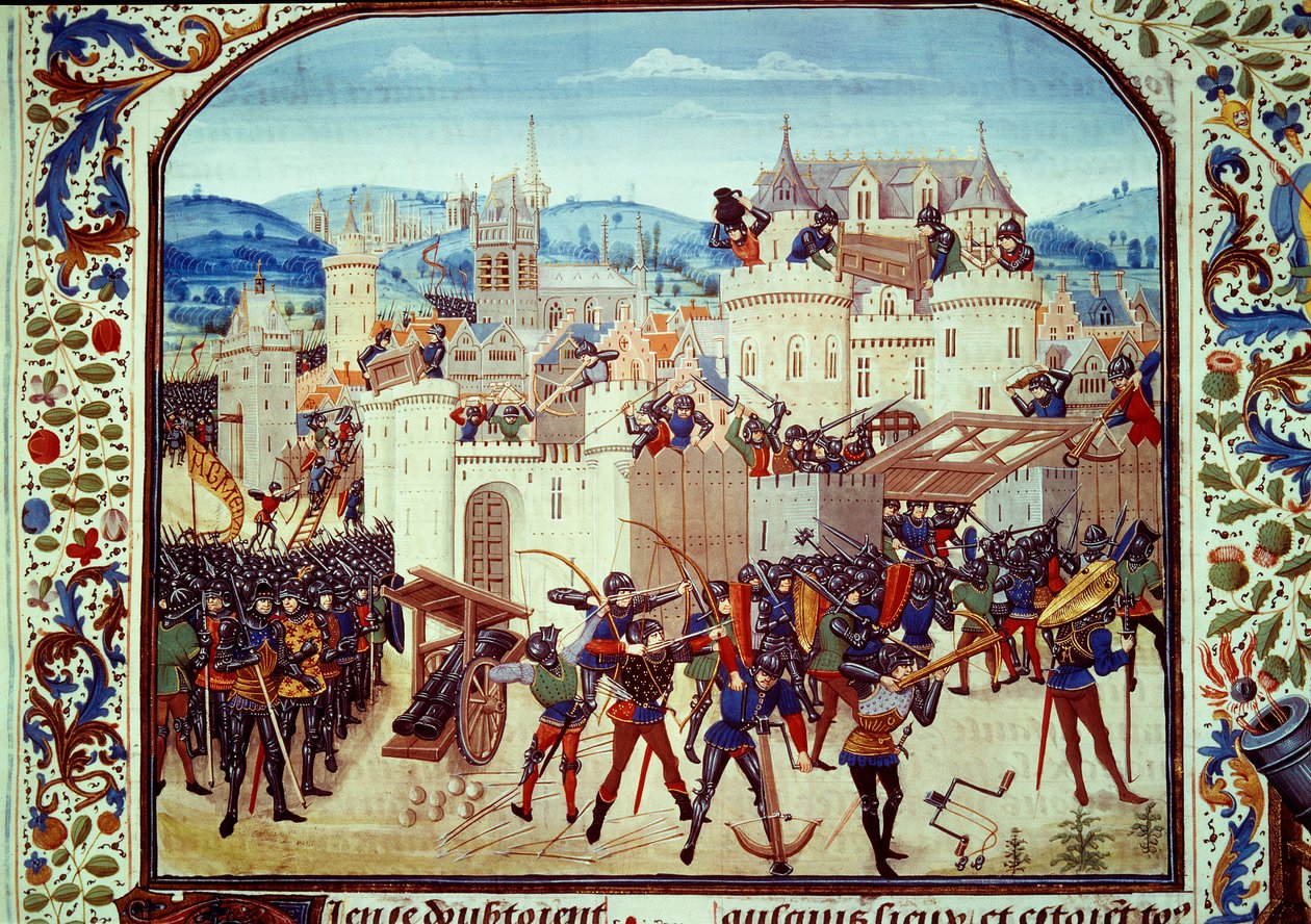 Hundreårskrigen: posen til byen Aubenton i Picardie av grev Jean de Hainaut i 1340. Miniatyr fra «Chronicles» av Jean Froissart (1337-1400) Paris. BN av Unknown artist