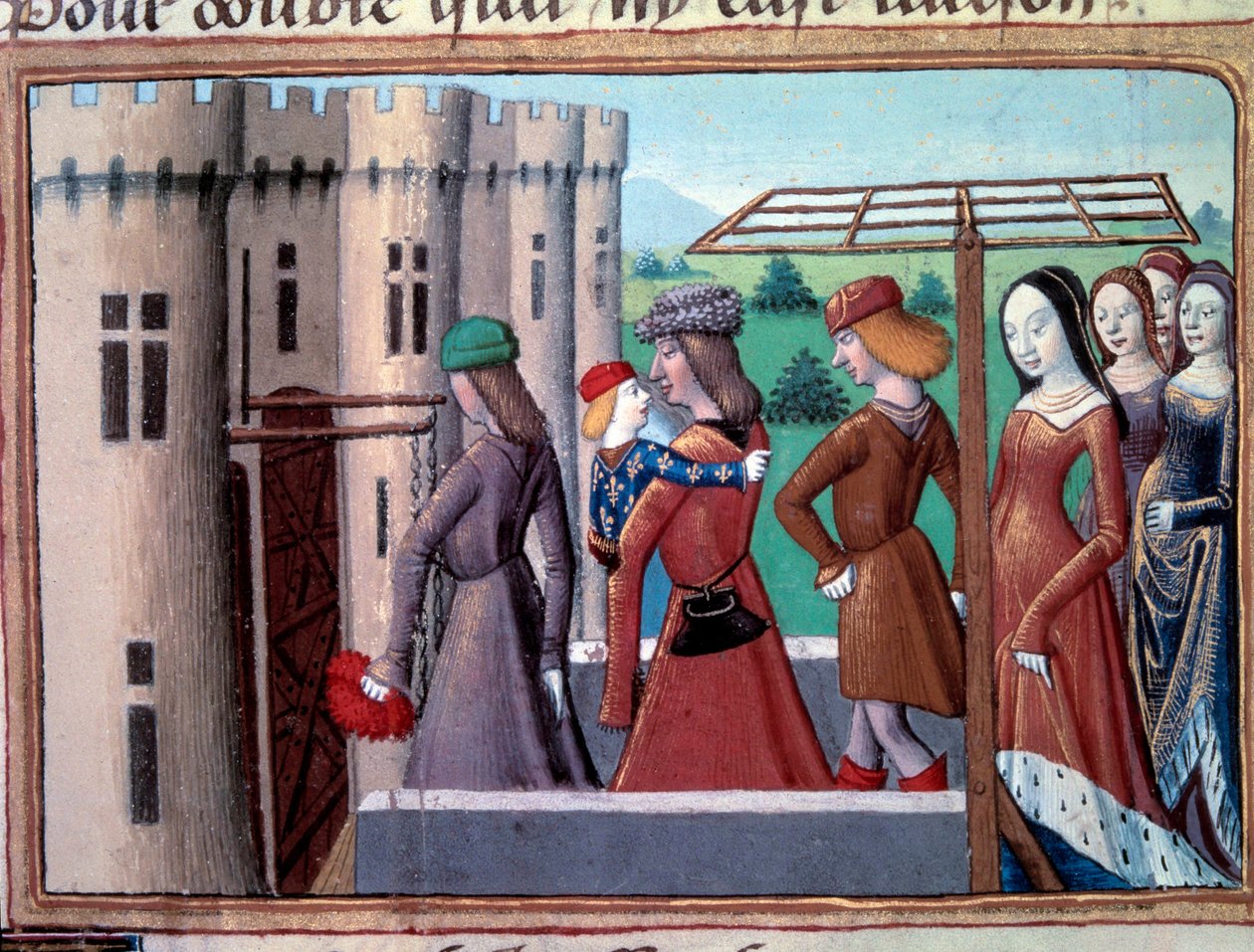Hundreårskrig: delfinen og den fremtidige kongen Charles VII vender tilbake til Paris etter å ha flyktet til Bourges på tidspunktet for borgerkrigen mellom Armagnacs og burgundere den 29.05.1418, juni 1418. Miniatyr fra "" Vigilles du roi Charles VII "" av av Unknown artist