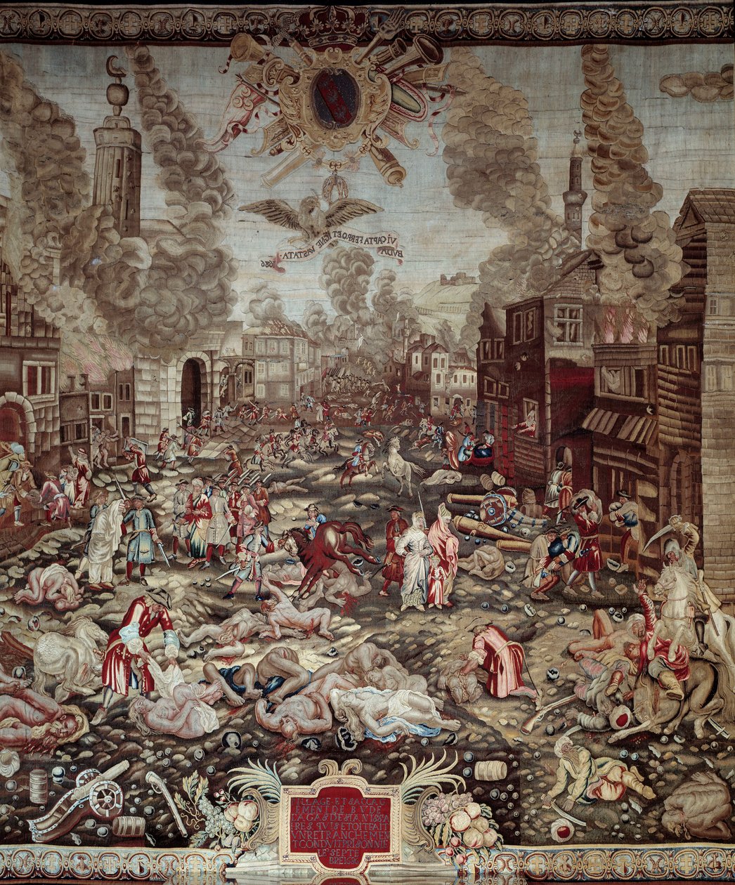 Ungarns erobring: "" Østerrikerne tar Buda tilbake fra de osmanske tyrkerne 02.09.1686"" Buda er en del av dagens Budapest. Krigsherrene er Karl V av Lorraine og Miksa Emanuel II. Voldsscener, boligbranner. Detalj av et billedvev. 17. e.kr av Unknown artist