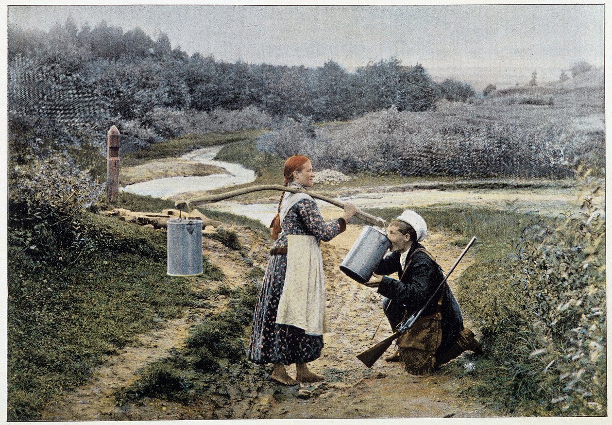 Jeger og jente ved fontenen (Russland) - fotografering, sent på 1800-tallet av Unknown artist