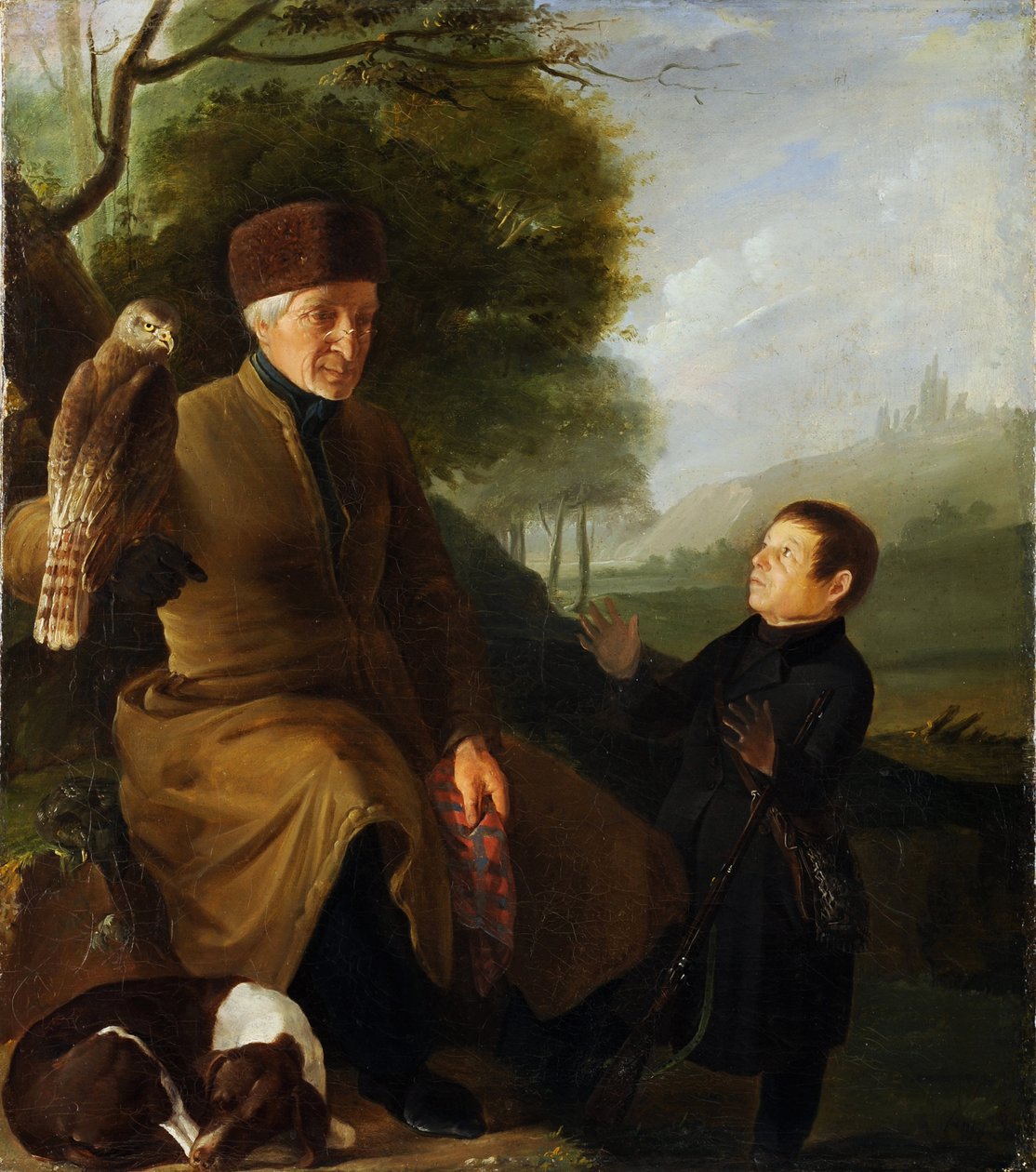 Jeger med falk. Portrett av prins Platon Alexandrovich Zubov (1767-1822) og Ivan Andreevich Yakubovsky (1770-1864), Anonym. Olje på lerret, slutten av 1810-tallet, Statens museum for arkitektur, historie og kunst, Vladimir av Unknown artist