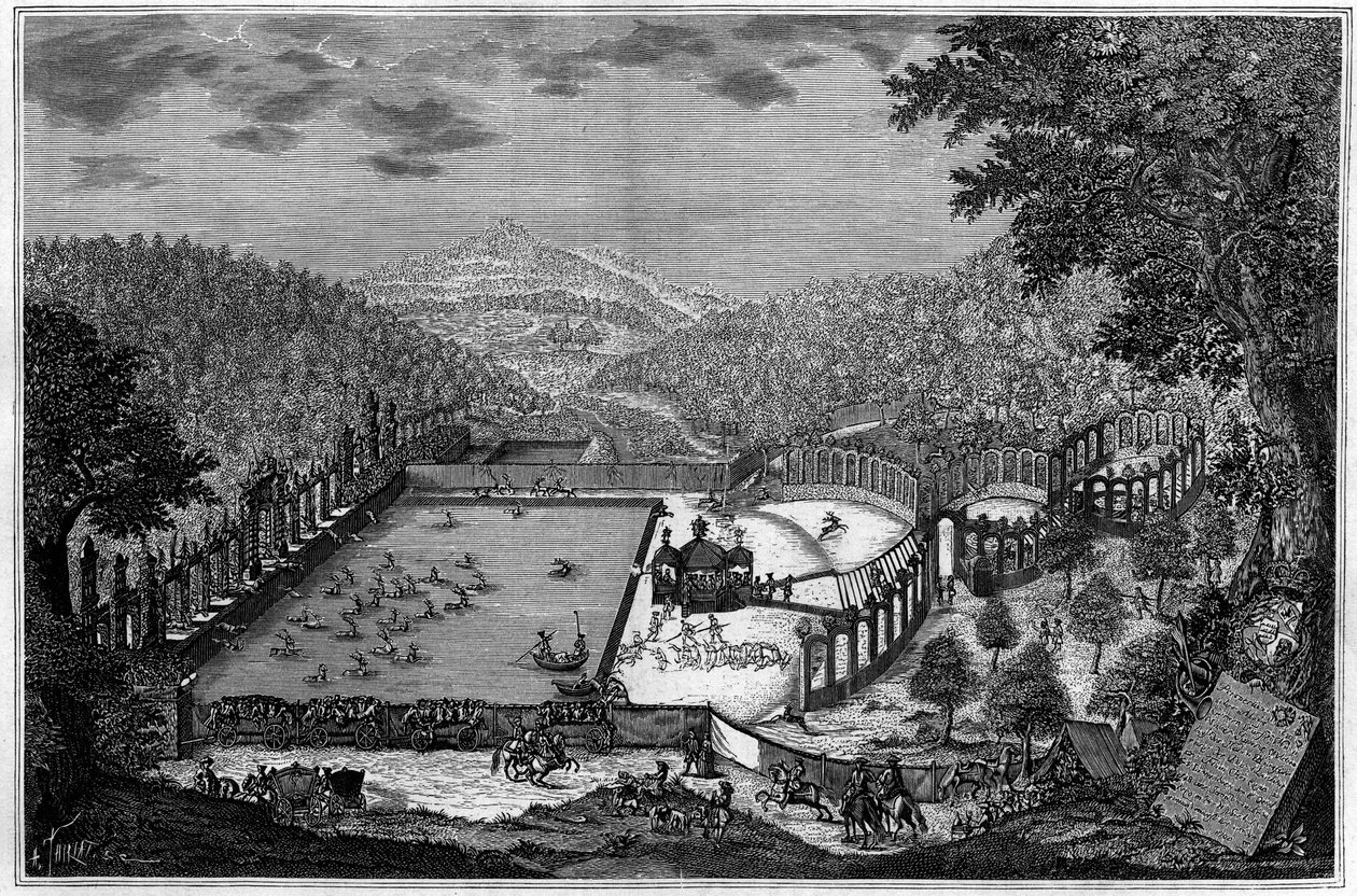 Hunting in Germany in the 18th century: a deer hunt near Leonberg in 1748. (From a photograph). Engraving in “” La Nature: revue des sciences et de leurs applications aux arts et a l