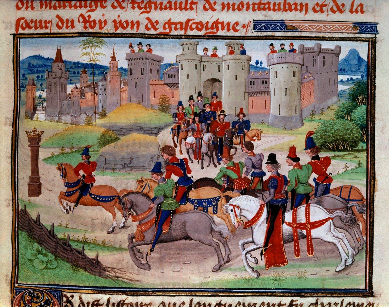 Jaktscene. Miniatyr fra manuskriptet «Renaud de Montauban» eller «Les quatre fils Aymon» av Loyset Liedet (aktiv mellom 1448 og 1478). Ms. 5073. Bibliotheque de l