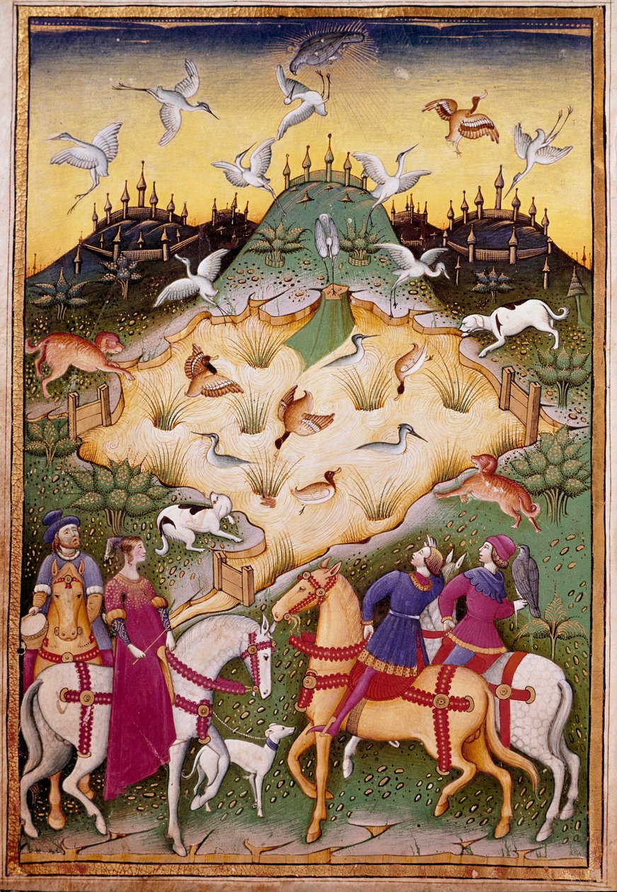 Jaktscene med hauker Miniatyr fra "" Behandle falkejakt og venerier med mottoet og emblemet til hertugen av Sforza" 1459 (ms. 1375) Chantilly, Musee Conde av Unknown artist