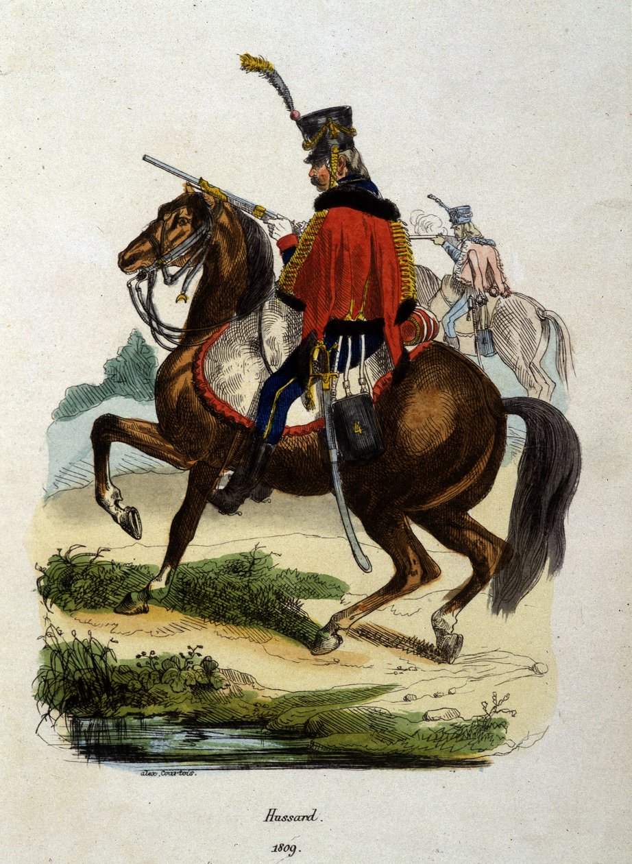 Hussard Horseback av Napoleonic Armee - Gravering av Unknown artist