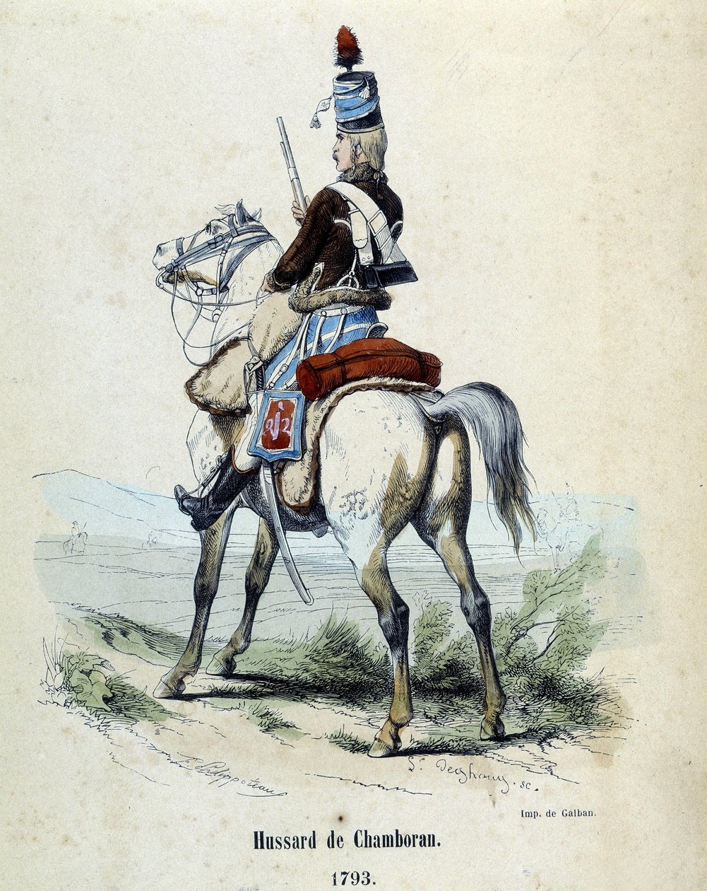 Hussard de Chamborant a 1793 til hest. av Unknown artist