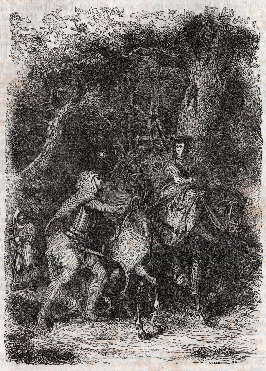 Hypalca Arreted by Rodomont - 1851 gravering fra "" Furious Roland"" (Orlando furioso) (1500-tallet) av Ludovico Ariosto, kjent som Ariosto - Utgave oversatt fra italiensk av greven av Tressan og utgitt av Gustave Harvard 1851 av Unknown artist