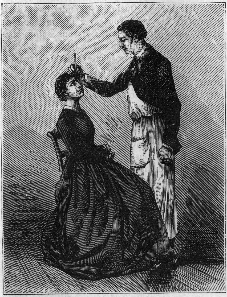 Hypnotism phenomena: Hypnotism produced by fixing a pencil holder places between the eyes. Engraving from 1881. av Unknown artist