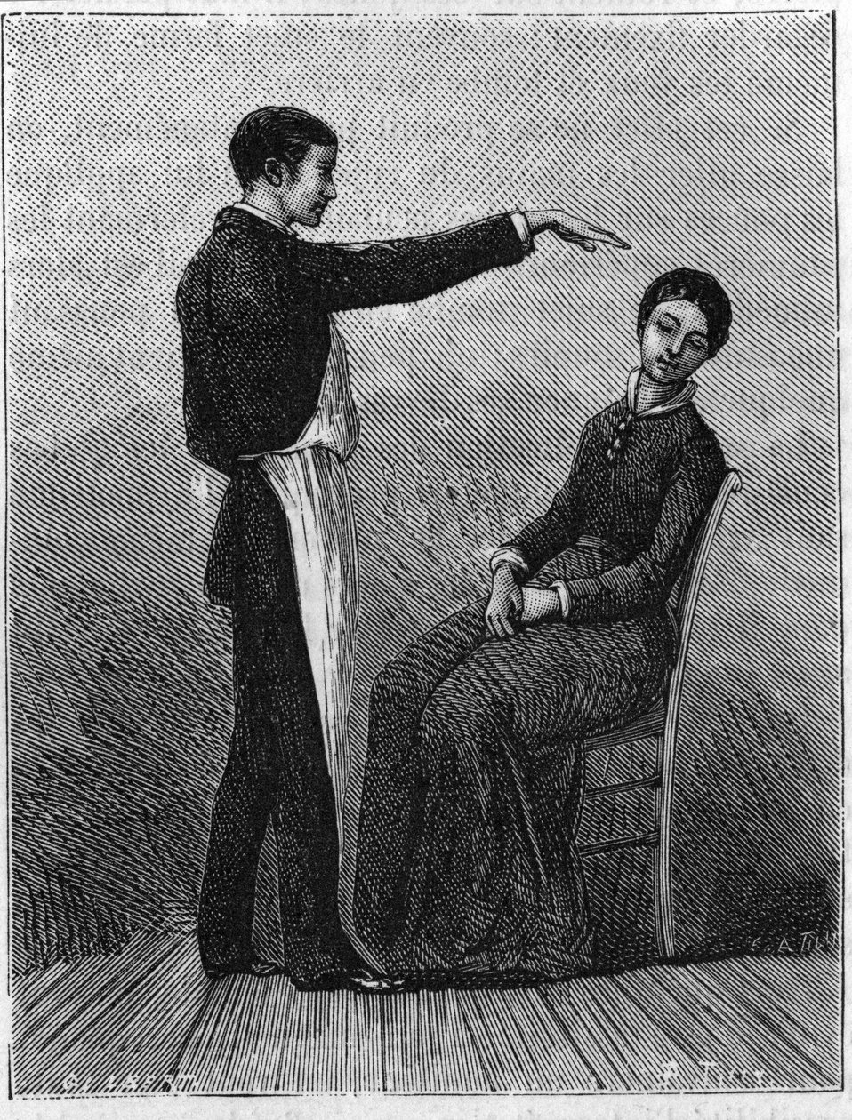 Hypnotism phenomena: hypnotism is produced by suddenly extending the hand in front of the patient. Engraving from 1881. av Unknown artist