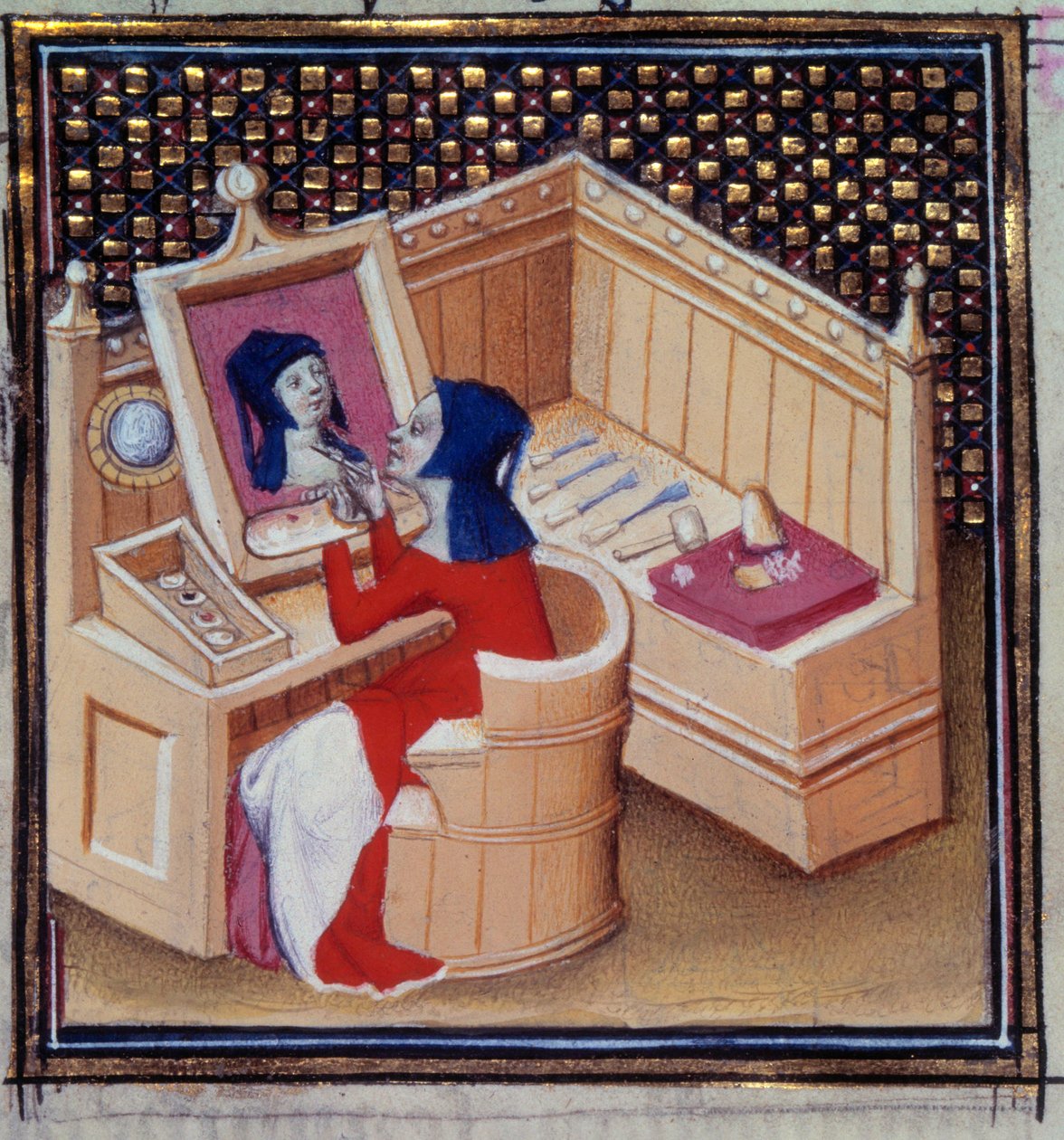 Iaia (Marcia de Cyzique), en romersk maler, maler sitt eget miniatyrportrett fra "De berømte kvinnene" (Des clair et nobles femmes)" av Giovanni Boccacio (Boccace) (1313-1373) av Unknown artist