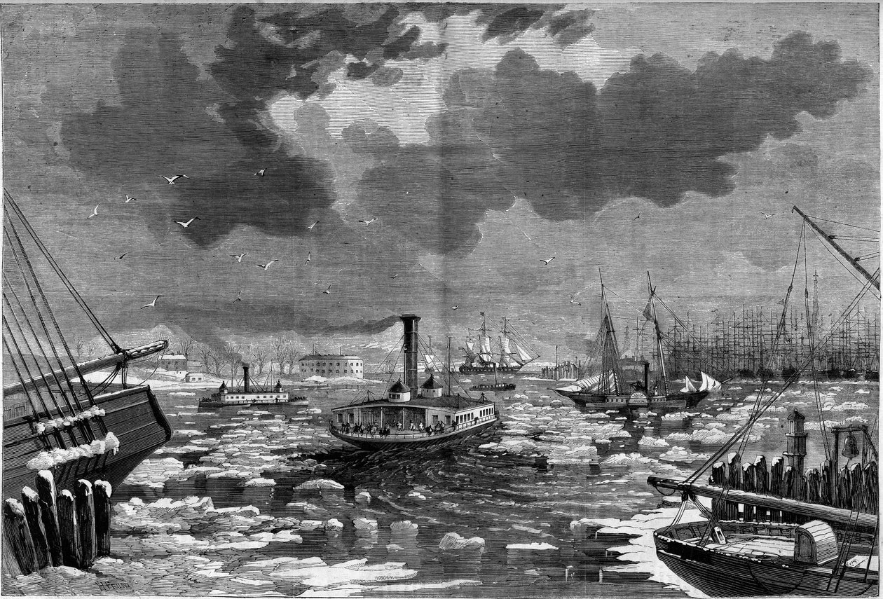 Isdebakel i New York (New York), USA (USA) sett fra den østlige elven. Gravering i "" The Illustrious Universe"" av Unknown artist