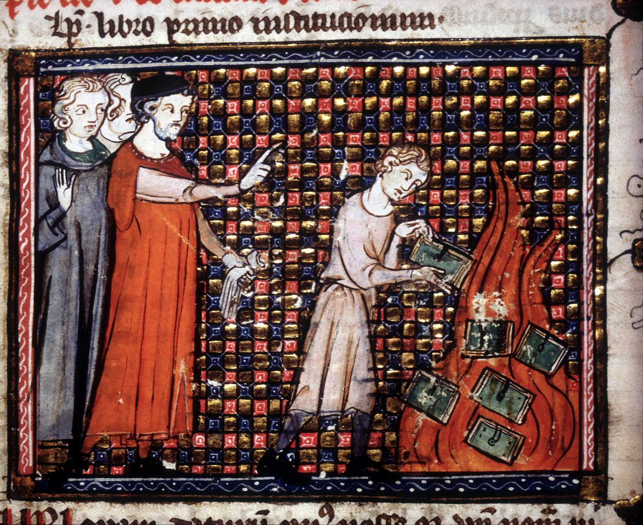 Ikonoklaster kaster miniatyrmanuskripter i ilden. 1300-talls manuskript. av Unknown artist