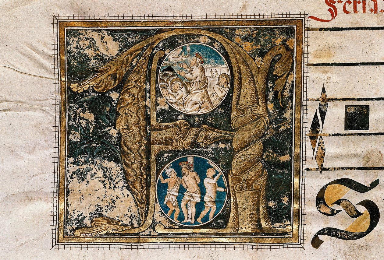 Opplyst brev om Jesu forkynnelse foran apostlene og flagellasjonen, hentet fra et manuskript med liturgiske sanger av Unknown artist