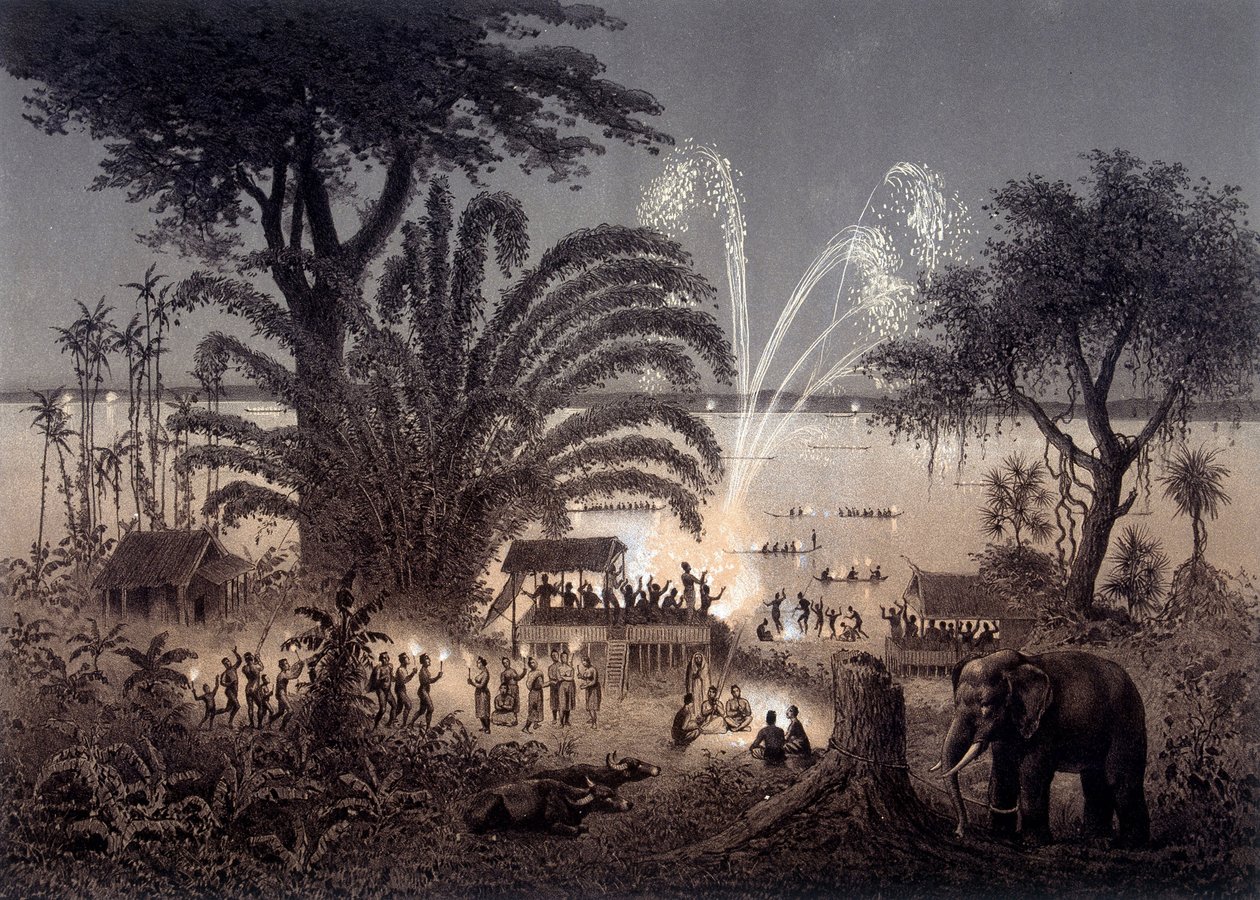 Belysning av elven under festivalen i Bassac, Siamese Laos. I "" Atlas over letereisen i Indokina utført i årene 1866-1868"" publisert under ledelse av F. Garnier 1873. av Unknown artist