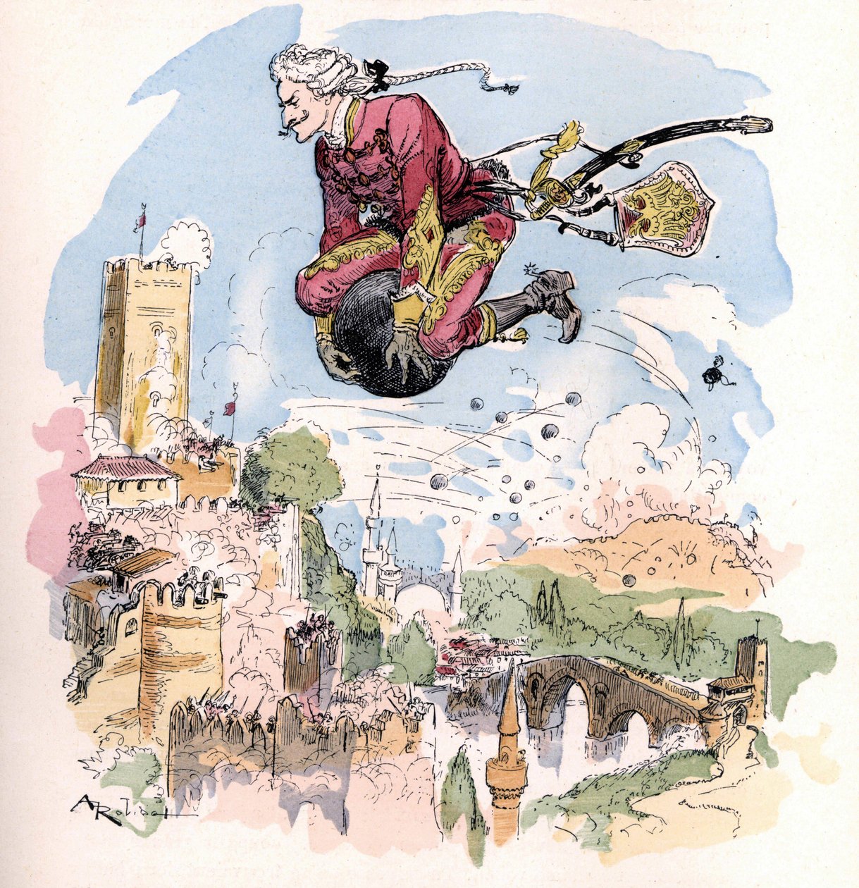 Illustration by Albert Robida in “Histoire et aventures du Baron de Munchausen (Munchhausen), H. Laurens Ed., late 19th century.”” av Unknown artist
