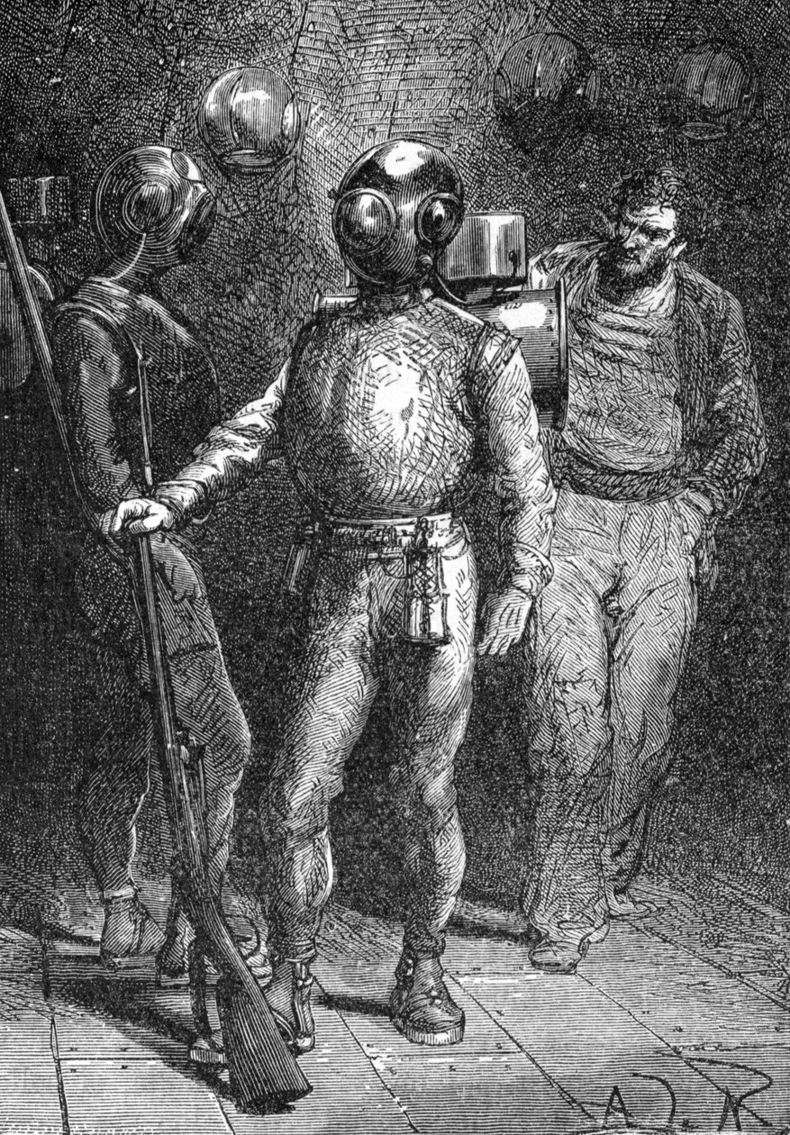 Illustrasjon fra ""Twenty Thousand Leagues Under the Sea"" (Vingt-mille - 20 000 - 20000) av Jules Verne. En sjømann fra Nautilus iført Rouquayrol - Denayrouze dykkerdrakt. 1800-talls gravering. av Unknown artist